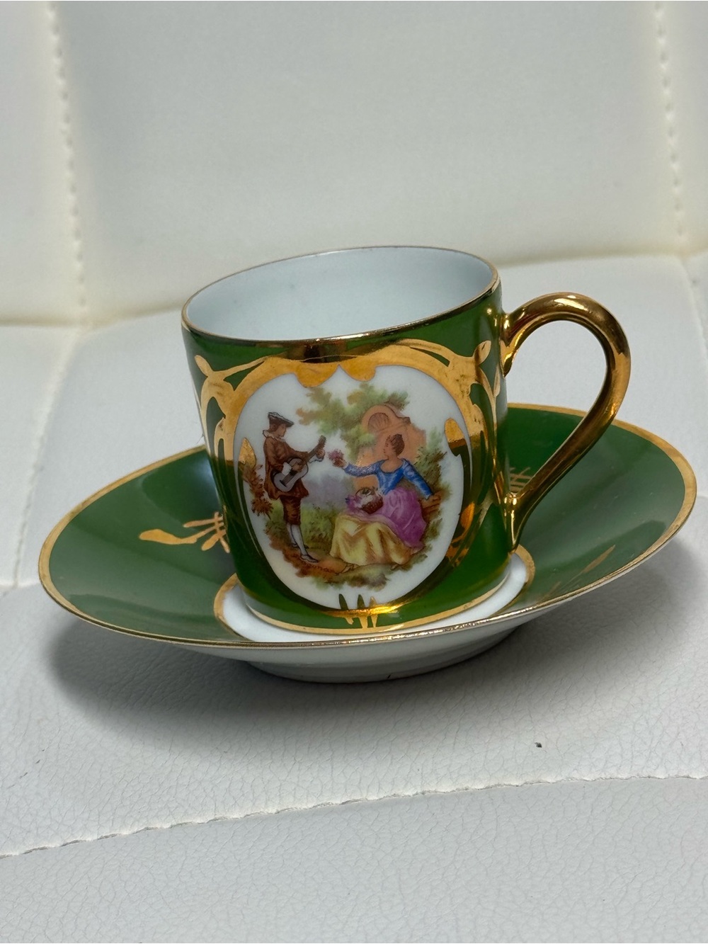 Porcelaine de Limoges Fragonard Green and Gold
Courting Couple Demitasse